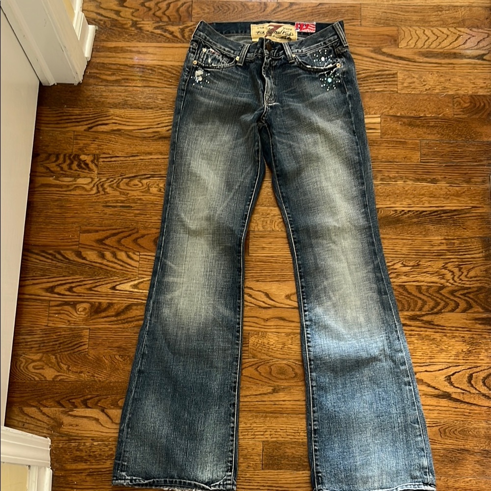 7 For All Mankind Blue Flare & Wide Leg Jeans with Swarovski Blue Crystals